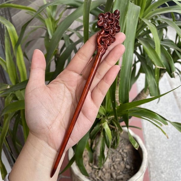 Horquilla antigua tallada en madera de sándalo rojo lobular, placa para el cabello, artesanías de madera pulida a mano, regalos antiguos de caoba