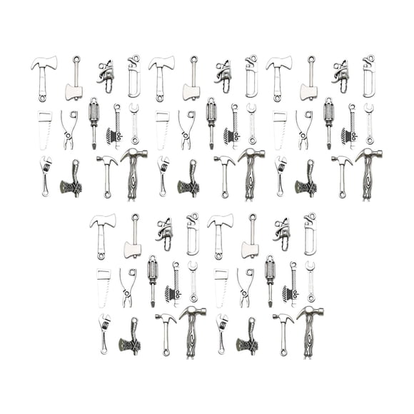 65 dijes de herramientas en tono plateado antiguo liso, con forma de hacha, motosierra, alicates, llave inglesa, llaveros pequeños, 13 estilos para