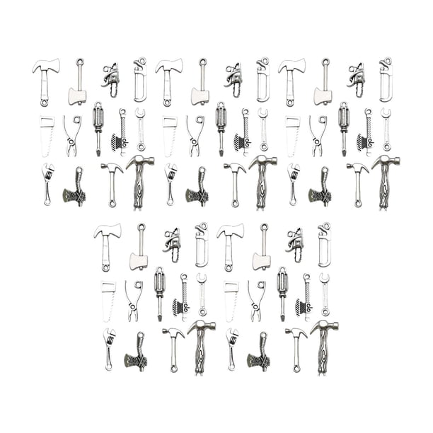 65 dijes de herramientas en tono plateado antiguo liso, con forma de hacha, motosierra, alicates, llave inglesa, llaveros pequeños, 13 estilos para