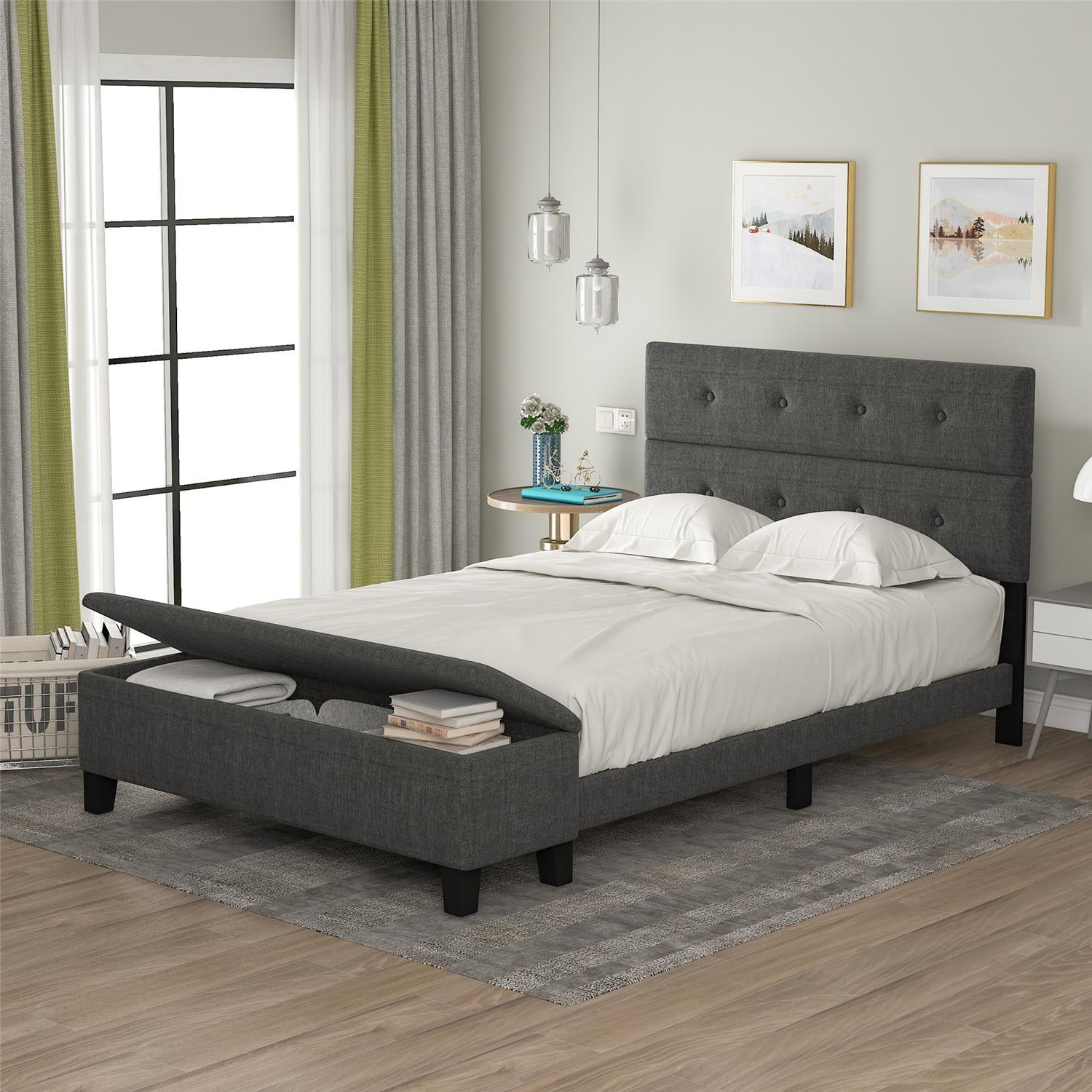 Zinus Upholstered Traditional Tufted Wingback Platform Bed with Wood Slat Support Full