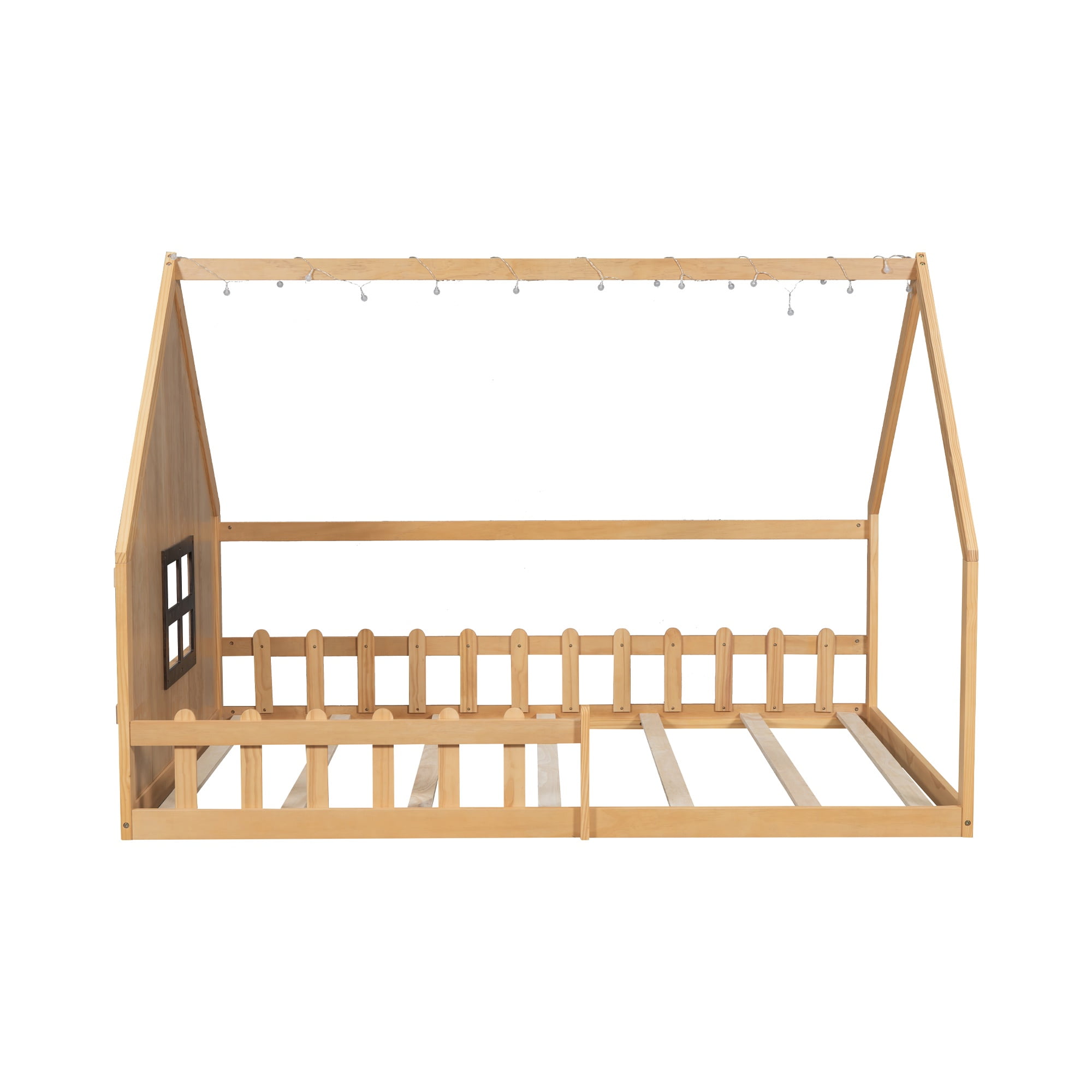 Bellemave Full Size House Bed with LED Light and Fence, Wooden Montessori Floor Bed with Window for Boys Girls, No Box Spring Required (Natural)