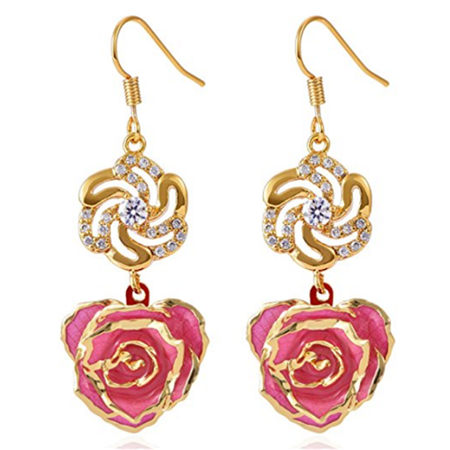 24k Golden Earrings 24K Real Rose Flower Gold Earrings, Gift for Women & Girls Petal Dangle with Zircon Jewelry Diamond Stud Earrings,Pink ()