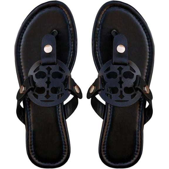 Women's Leather Flat Flip Flops Sandals Open Toe Cut Out Studded Slide Shoes