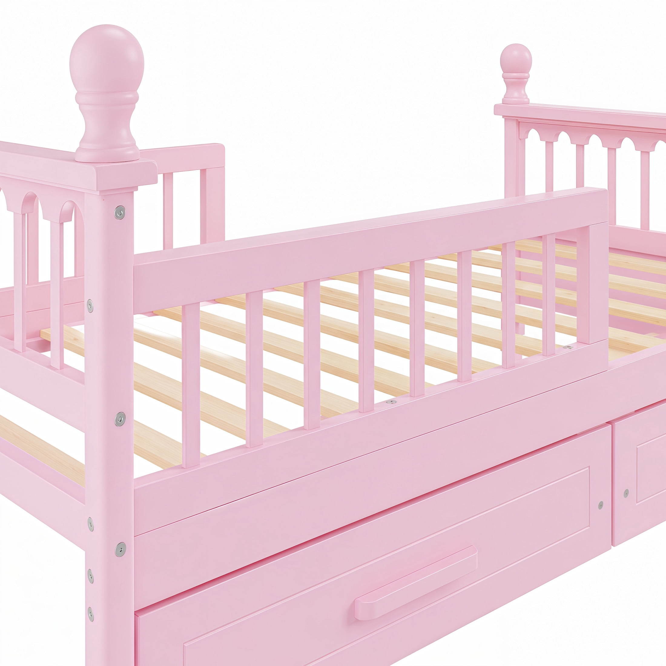 Noble House Orielle Full Kids Bed Frame with Storage Drawers, Low-Profile Platform Bed with Safety Guardrails, Pink