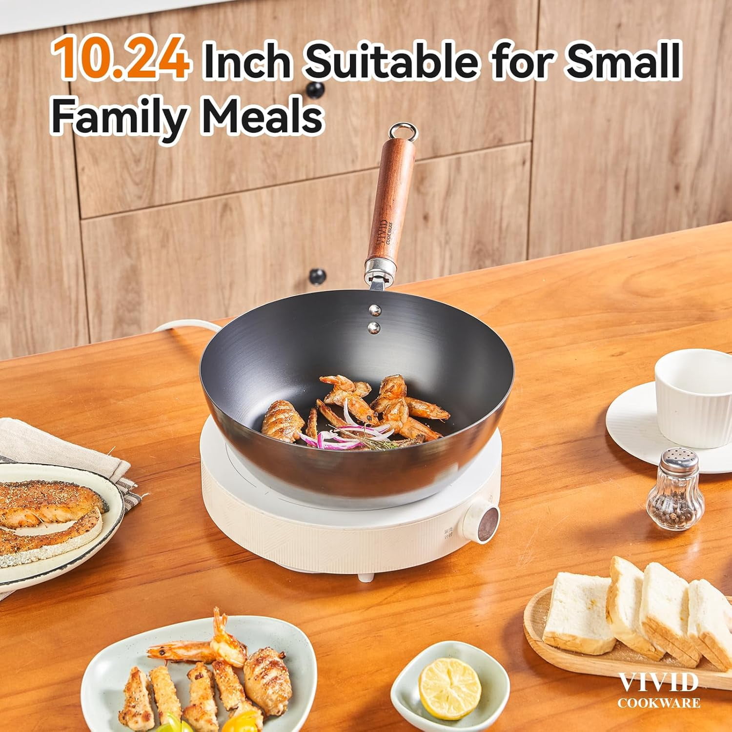 Carbon Steel Wok Flat Bottom 10.2 Inch with Glass Lid, Spun Iron Stir Fry Pan Coating- Naturally Seasoned for Gas Electric Stovetops