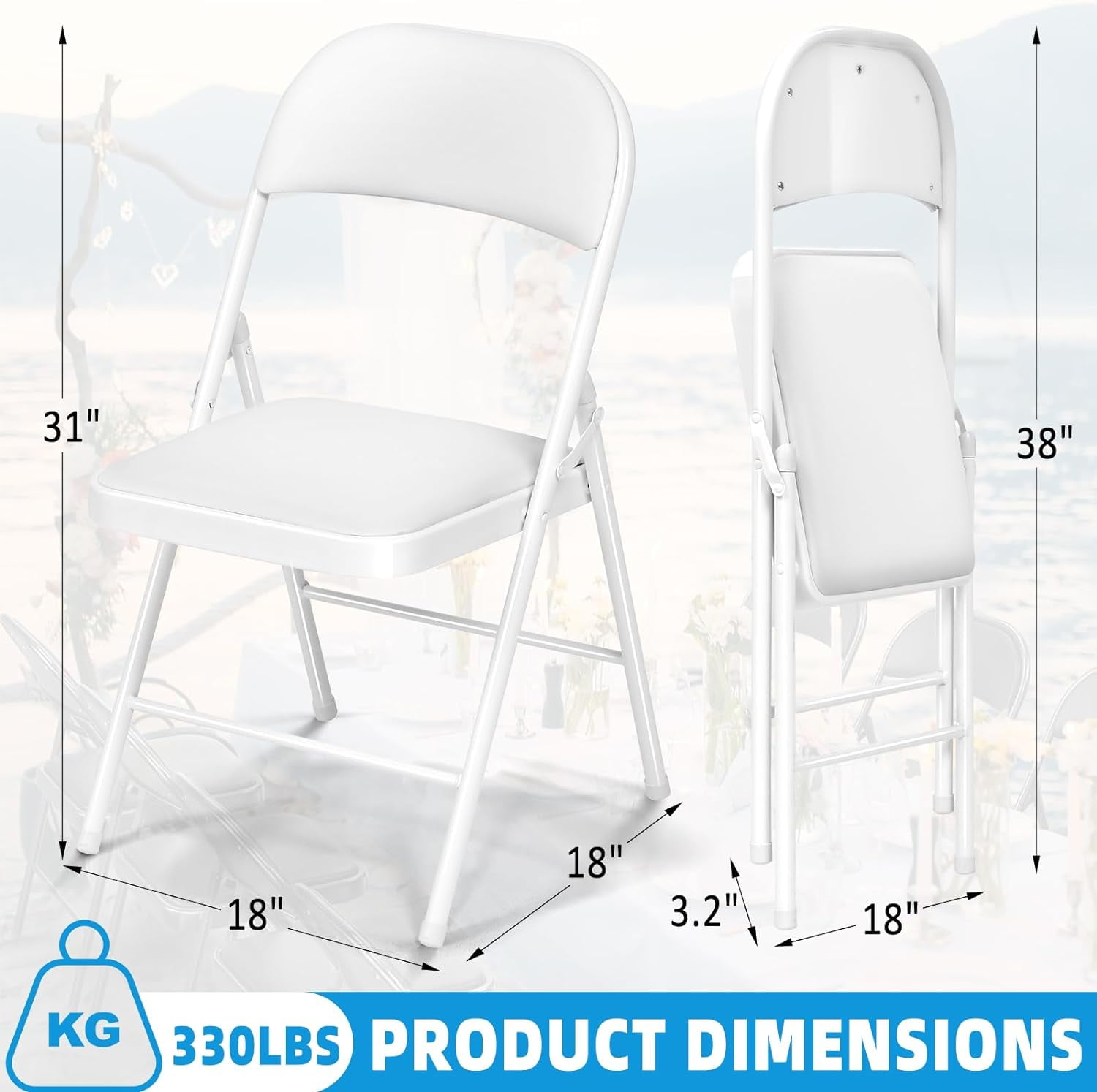 SUGIFT Padded Seat and Metal Back Folding Chair, White, 4 Pack