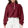 thumbnail image 3 of qucoqpe Women's Mock Neck Zip Fleece Sweatshirt Lightweight Casual Cropped Pullover Top Fall Sleeve Loose Blouse Wine L, 3 of 5