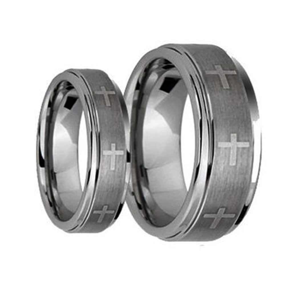 Free Engraving His & Her's 8MM/6MM Tungsten Carbide Step Edge with Brushed Center Wedding Band Ring Set