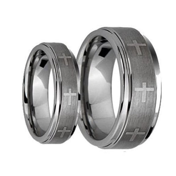 His & Her's 8MM/6MM Brushed Center With Laser Cross Engraved Shiny Edge Tungsten Carbide Wedding Band Ring Set