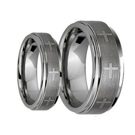 His & Her's 8MM/6MM Brushed Center With Laser Cross Engraved Shiny Edge Tungsten Carbide Wedding Band Ring