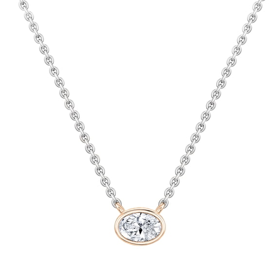 ALLORYA IGI Certified 1.00 Cttw Oval Lab Grown White Diamond Solitaire Bezel Set Pendant Necklace with 18 inch Silver Chain for Women in 18K Solid Rose Gold