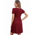 thumbnail image 2 of Women'S Short Sleeve Summer Dress Pleated Loose Swing Knee Length Dresses with Pockets Wine Red M, 2 of 9