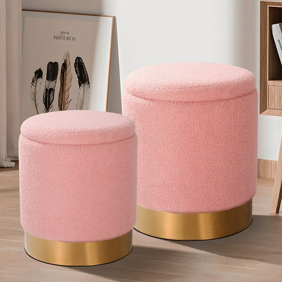 Round Ottoman with Storage Set of 2 Vanity Stool Foot Rest with Removable Lid for Bedroom Pink Sherpa Storage Ottoman Stool for Living Room and Dorm (Sherpa Pink)