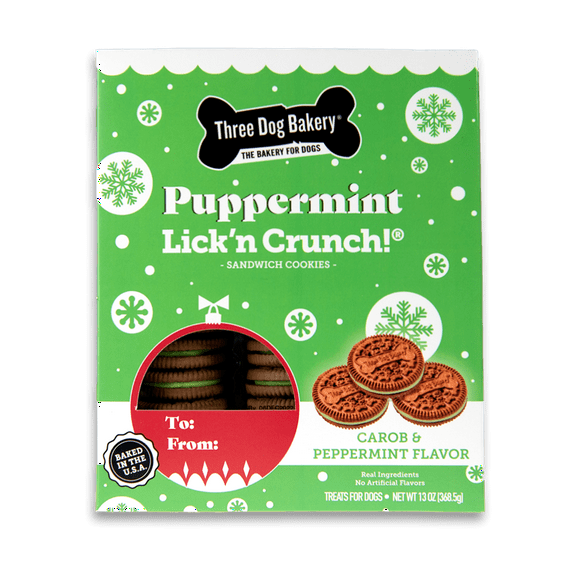 Three Dog Bakery Peppermutt Lick'n Crunch, Carob Cookie W/ Peppermint Filling Dog Treats, 13 Ounces