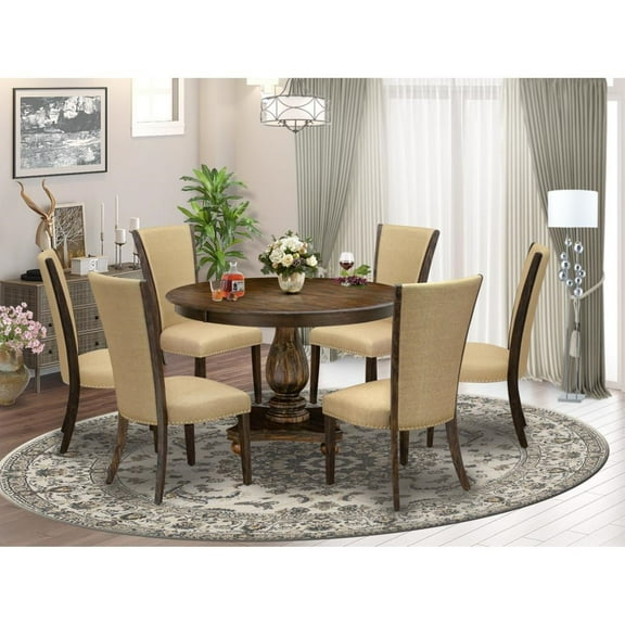 East West Furniture Ferris 7-Piece Wood Dining Set in Distressed Jacobean/Brown