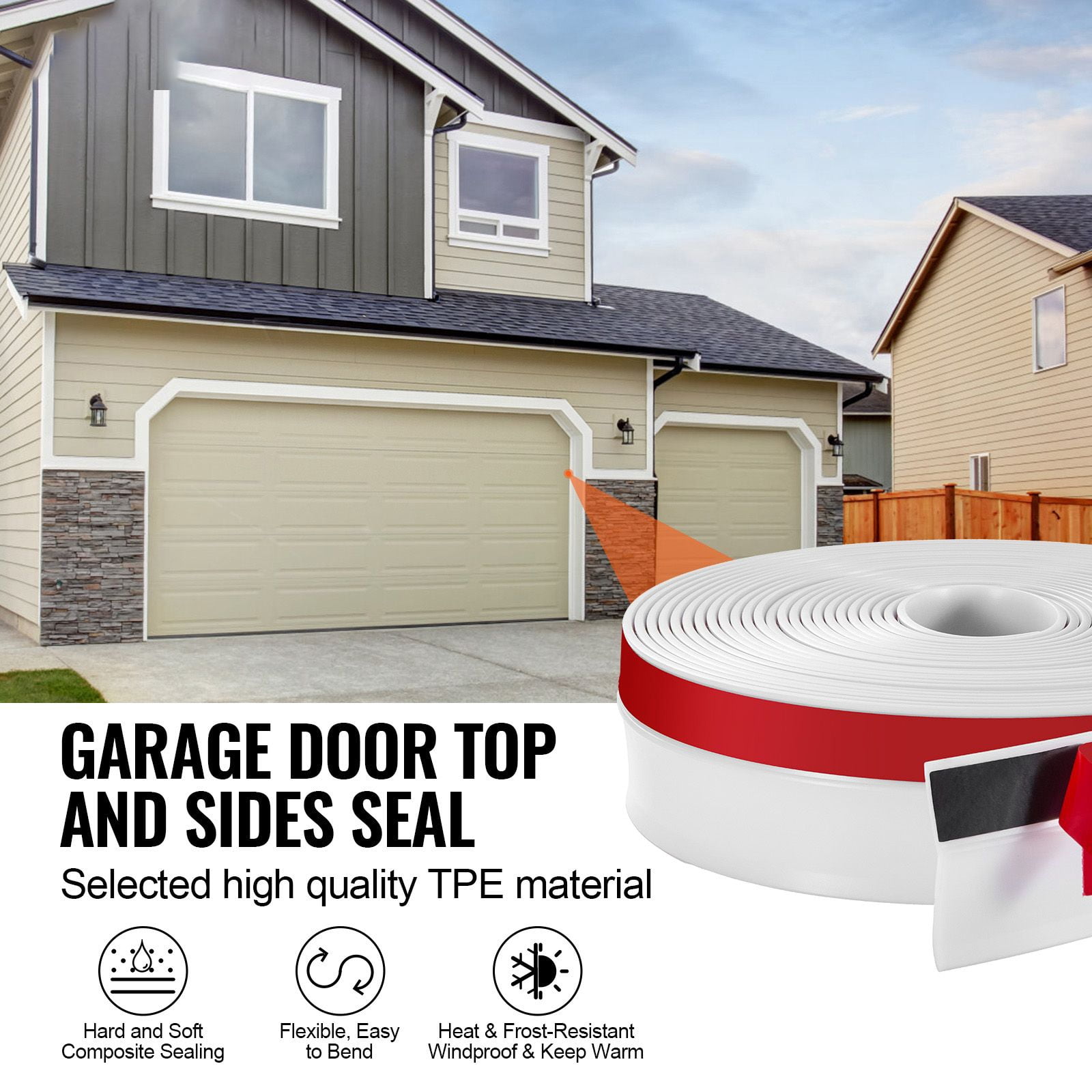 Garage Door Top and Sides Weather Seal Strip, 34 FT Universal Replacement with Adhesive, White