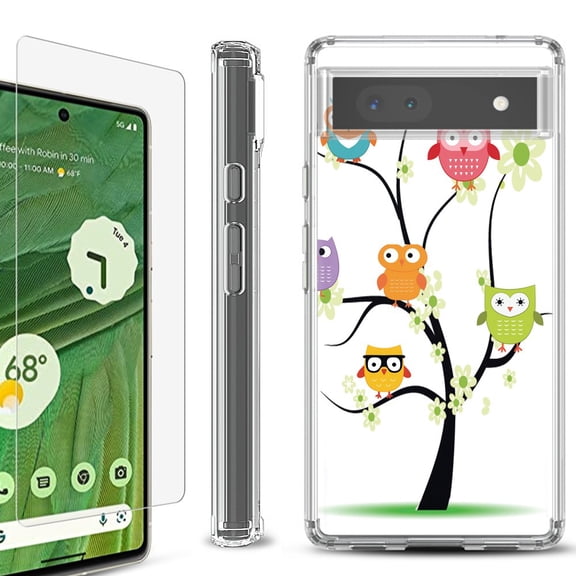 Shockproof Bumper Phone Case for Google Pixel 6a, with Tempered Glass Screen Protector, by OneToughShield ® - Tree Owl