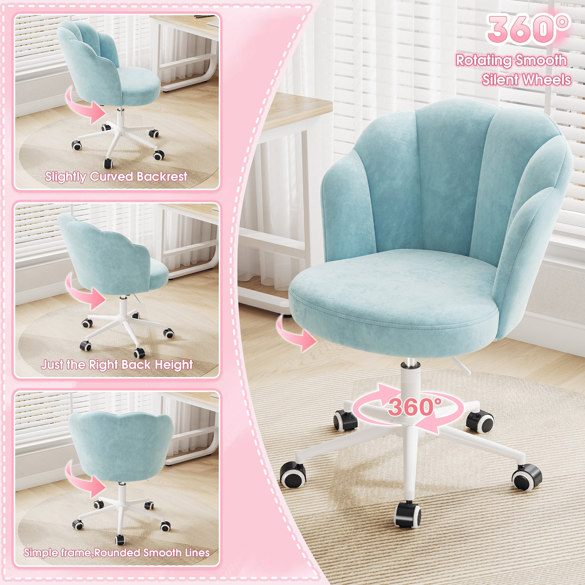 Romorgniz Velvet Vanity Chair with Petal Backrest Height Adjustable Desk Chair with Wheels Seashell Makeup Chair for Bedroom, Blue