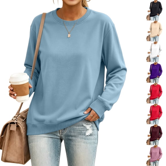 Resicozy Crew Neck Sweatshirts Women Oversized Long Sleeve No Hood Pullover Sweater Fall Winter Plain Lightweight Sweatshirt Light Blue 2XL