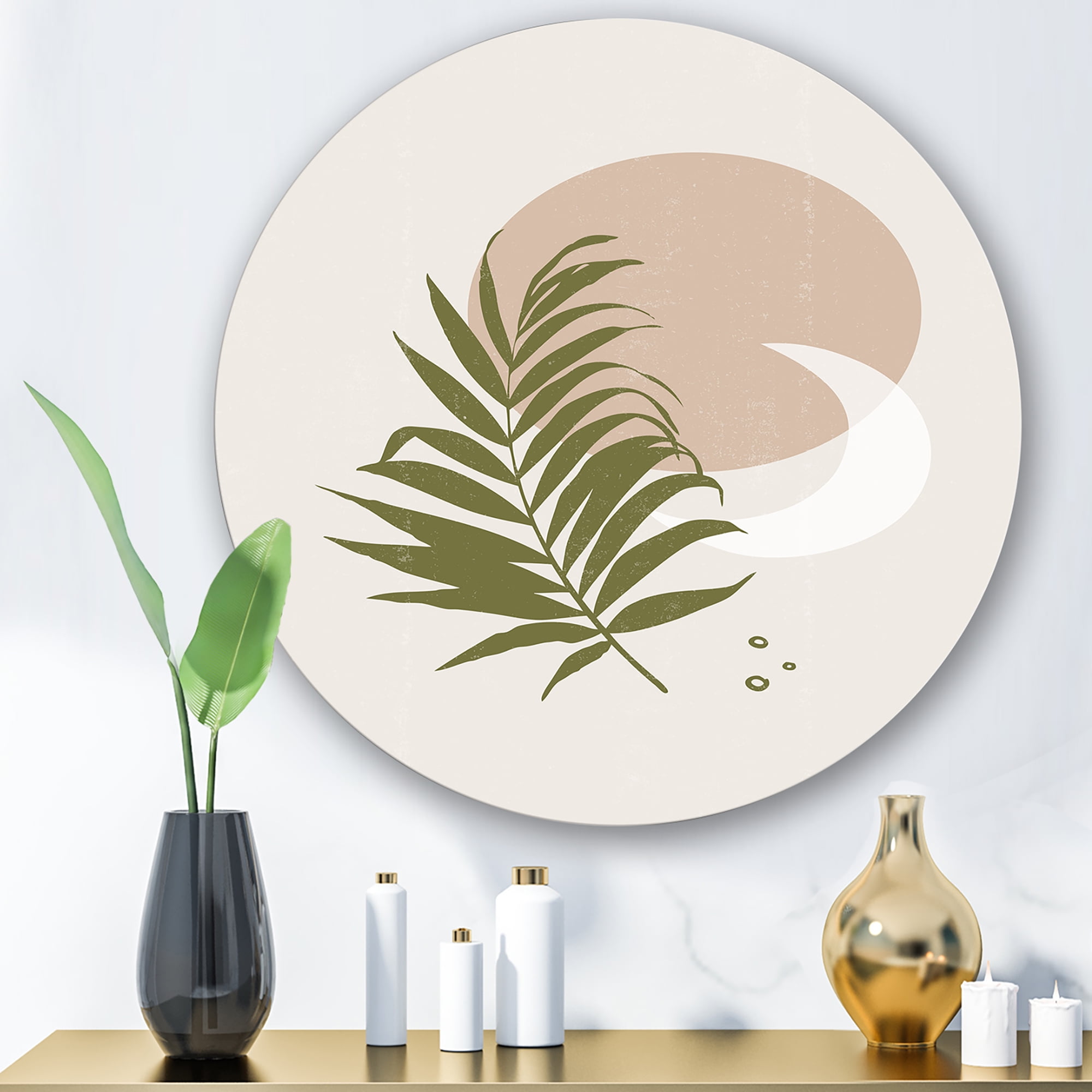 Designart 'Abstract Moon and Sun With Green Leaf II' Modern Circle Metal Wall Art 11x11 - Disc of 11