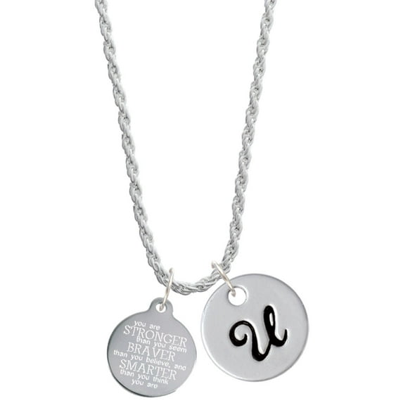 Delight Jewelry Stainless Steel Disc Stronger Braver Smarter Silvertone Script Initial Disc - U - Charm Necklace, 20"+3"
