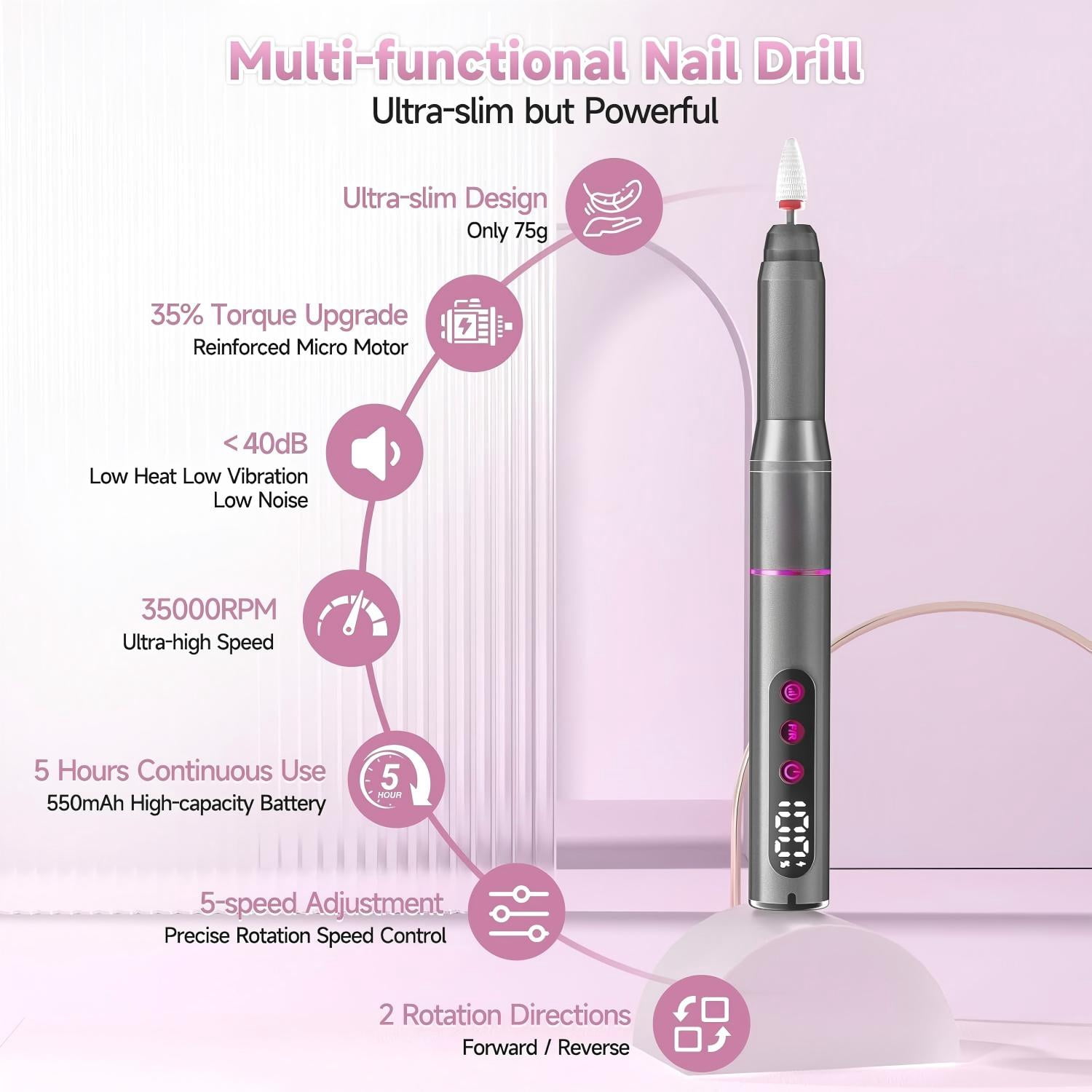 Cordless Electric Nail Drill, 35,000 RPM Rechargeable Nail Drill Machine with 12 Nail Drill Bits, Portable Electric Nail File with LCD Display for Acrylic and Gel Nails, Manicure & Pedicure, Gray