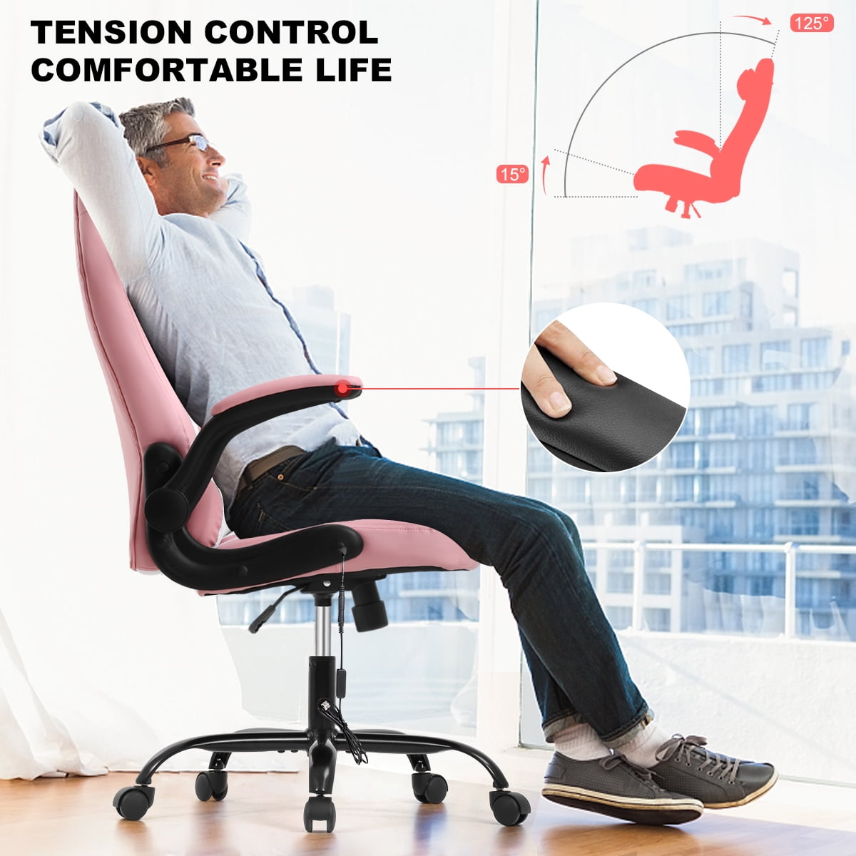 Dkelincs Video Game Chair Massage Gaming Chair PU Leather Computer Chair Ergonomic Office Desk Chair with a Vibrator Lumbar Support, Headrest, Flip Up Armrest, Pink
