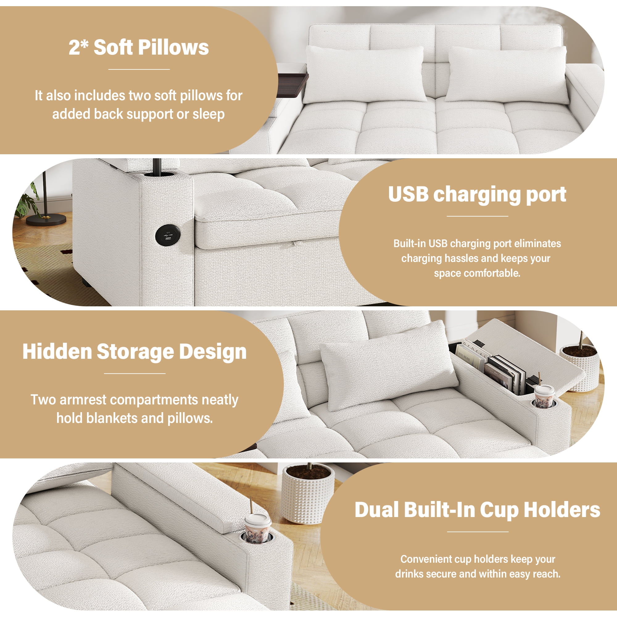 Aukfa 65"W Convertible 3-in-1 Sofa Bed with Storage, Queen Chenille Sleeper Couch with USB/Type-C Ports & Rotating Side Table,Beige