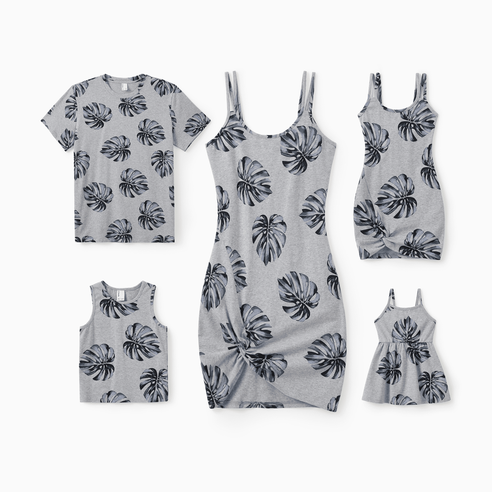 PatPat Family Matching Leaf Print Tee or Strap Dress Cotton Grey Set