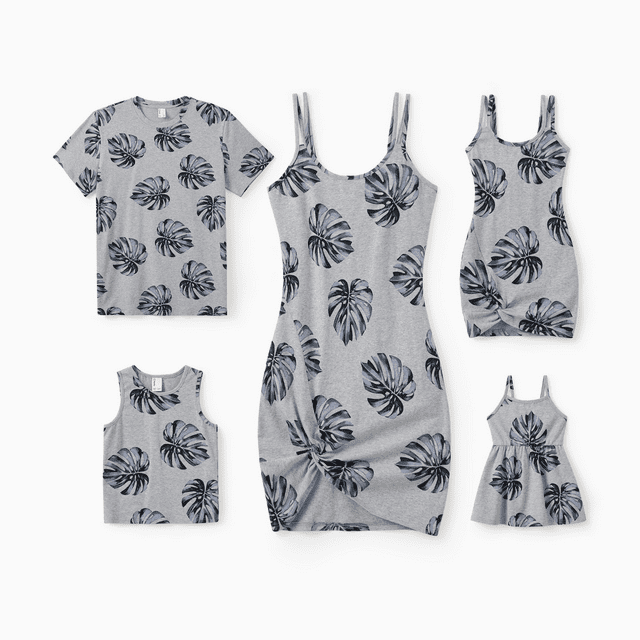 PatPat Family Matching Leaf Print Tee or Strap Dress Cotton Grey Set