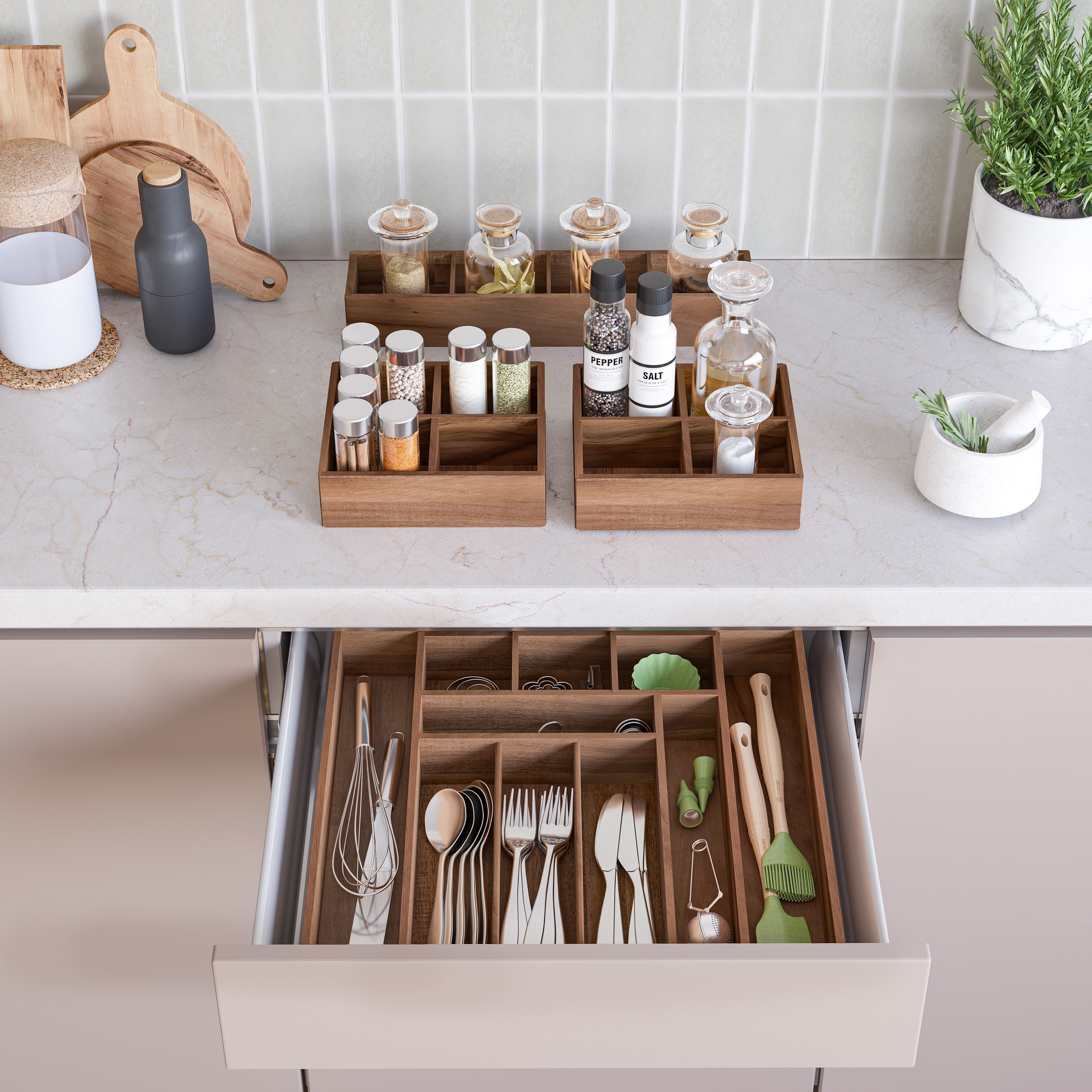 Seville Classics Acaicia Wood Premium Storage Expandable Drawer Organizer and Box Set (4 Piece)