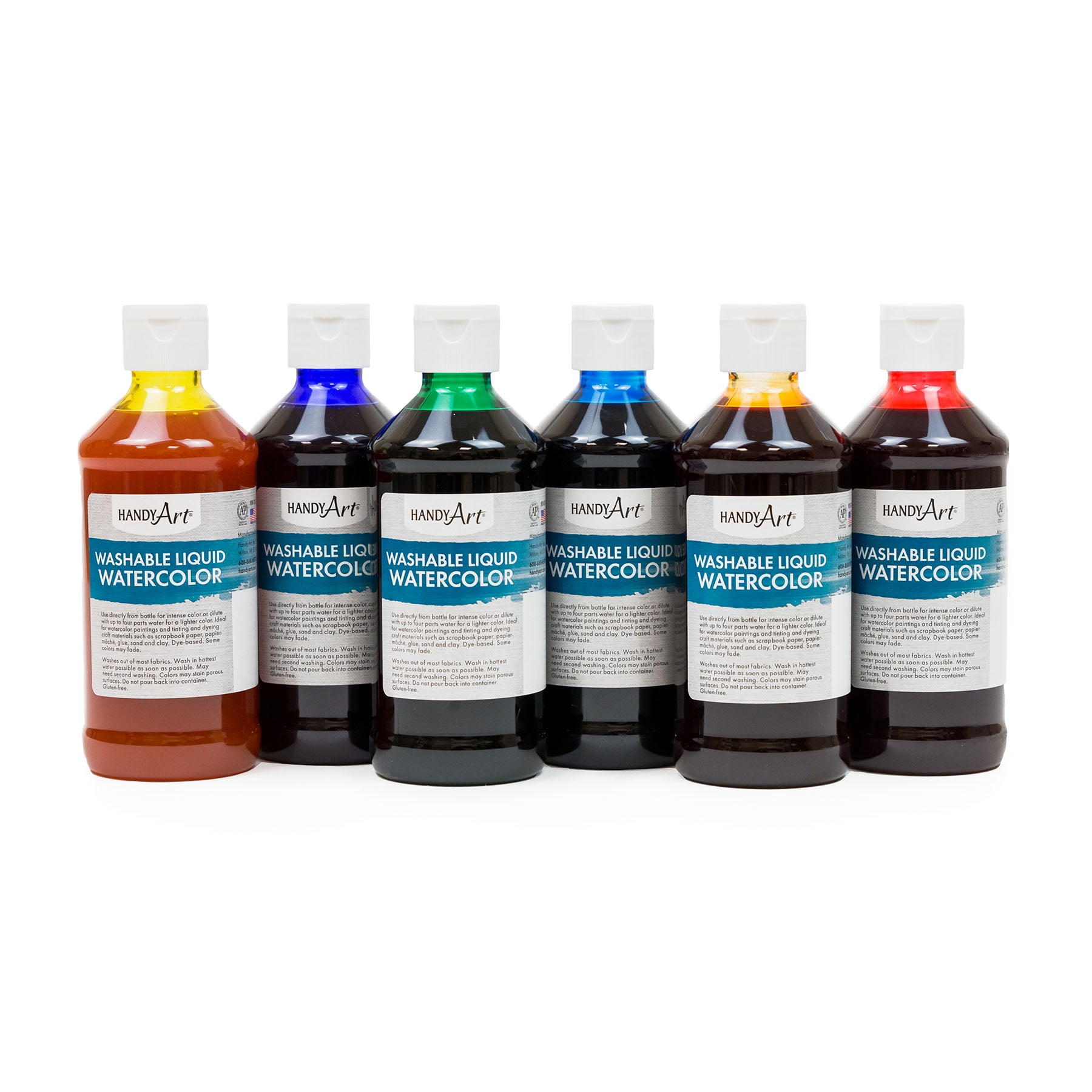 Handy Art Washable Liquid Watercolors, 8 oz., Primary Colors, Set of 6