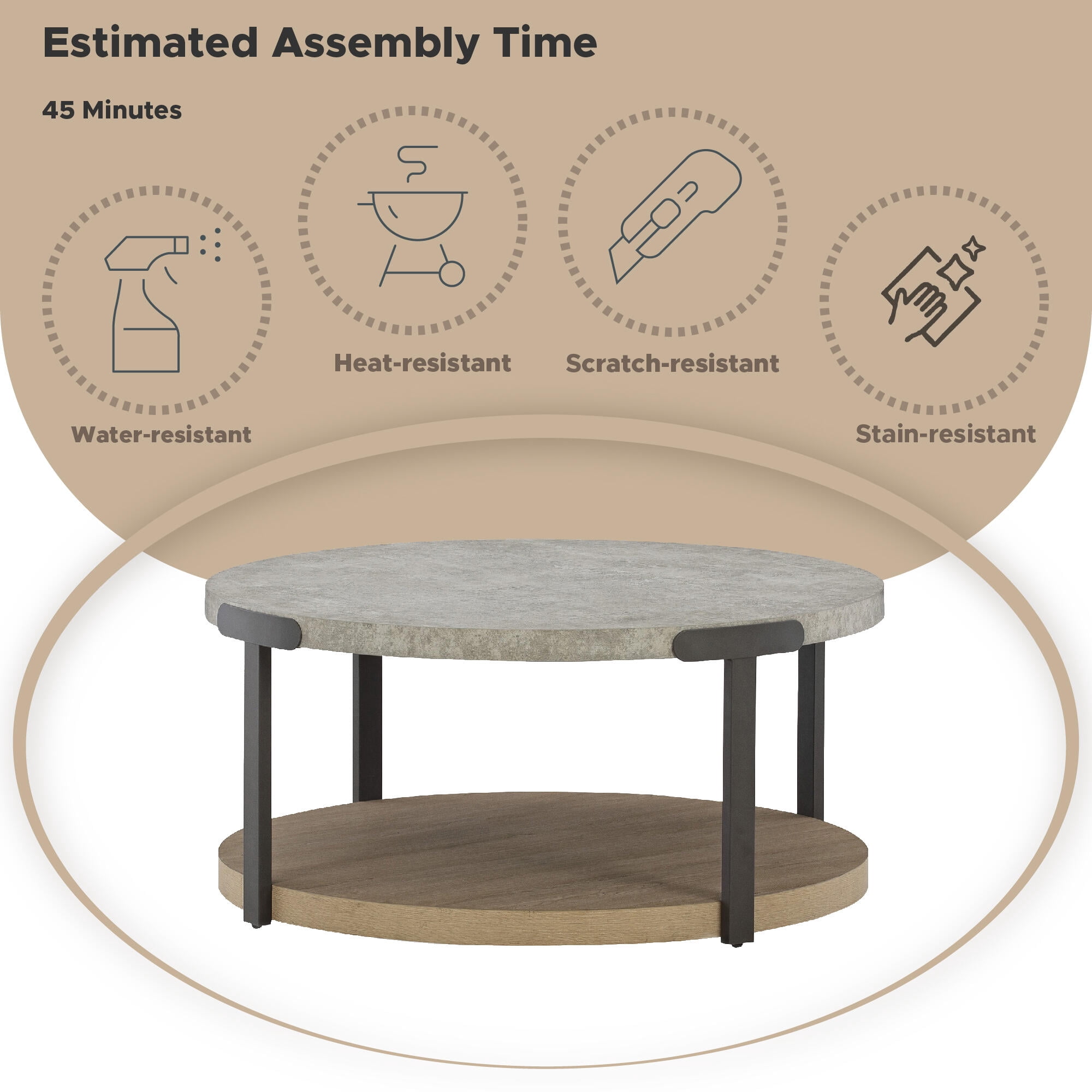 Signature Design by Ashley Darthurst 3-Piece Modern Round Coffee Table Set, Light Brown with Faux Cement Top