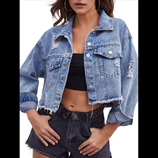 Chaqueta Vaquera Corta para Mujer, con Botones Desgastados, Larga, Azul Roto y Deshilachado Azul XS