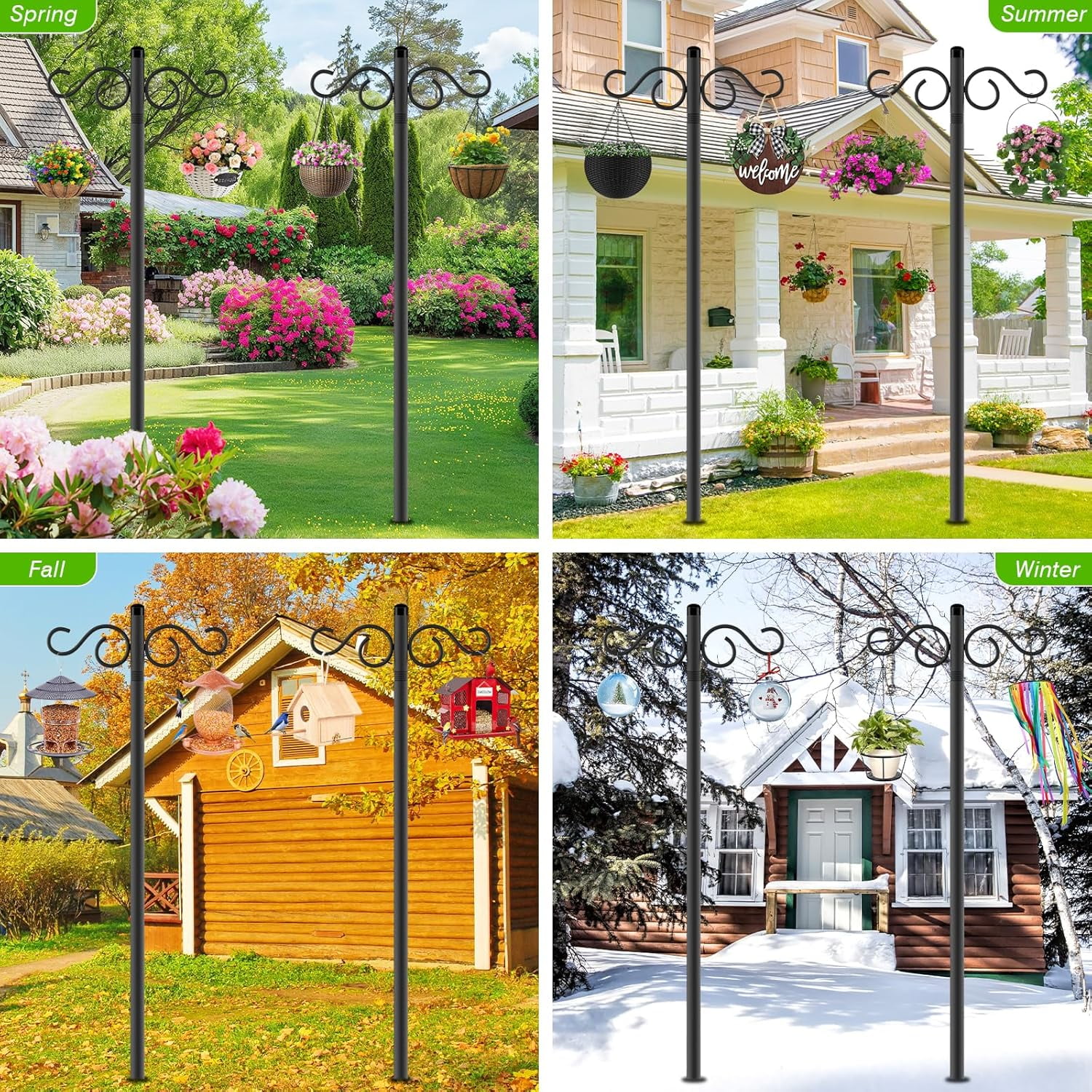 Double Shepherds Hooks For Outdoor 2 Pack 90 Inch Bird Feeder Pole With 5 Prongs Base Heavy Duty Hook Suitable Garden In Hanging Flower Basket Lantern Nests (90 Inch)