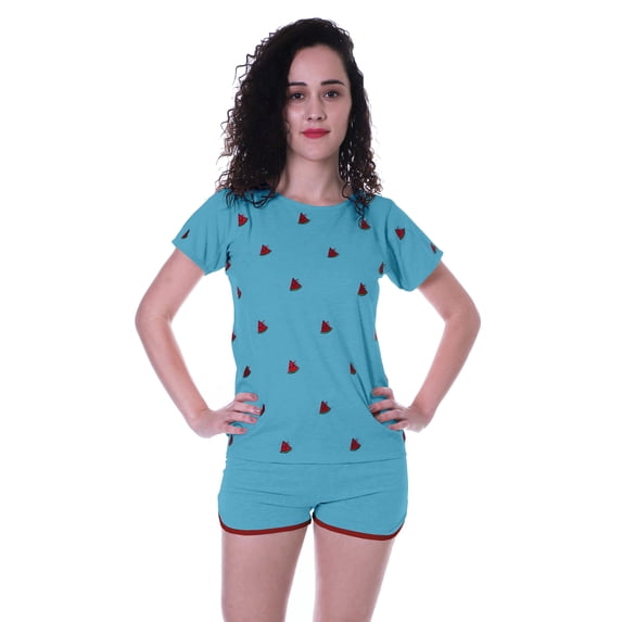 Moomaya Nightwear Set Watermelon Embroidery Shorts Plain Cotton Sleepwear 2 Pcs