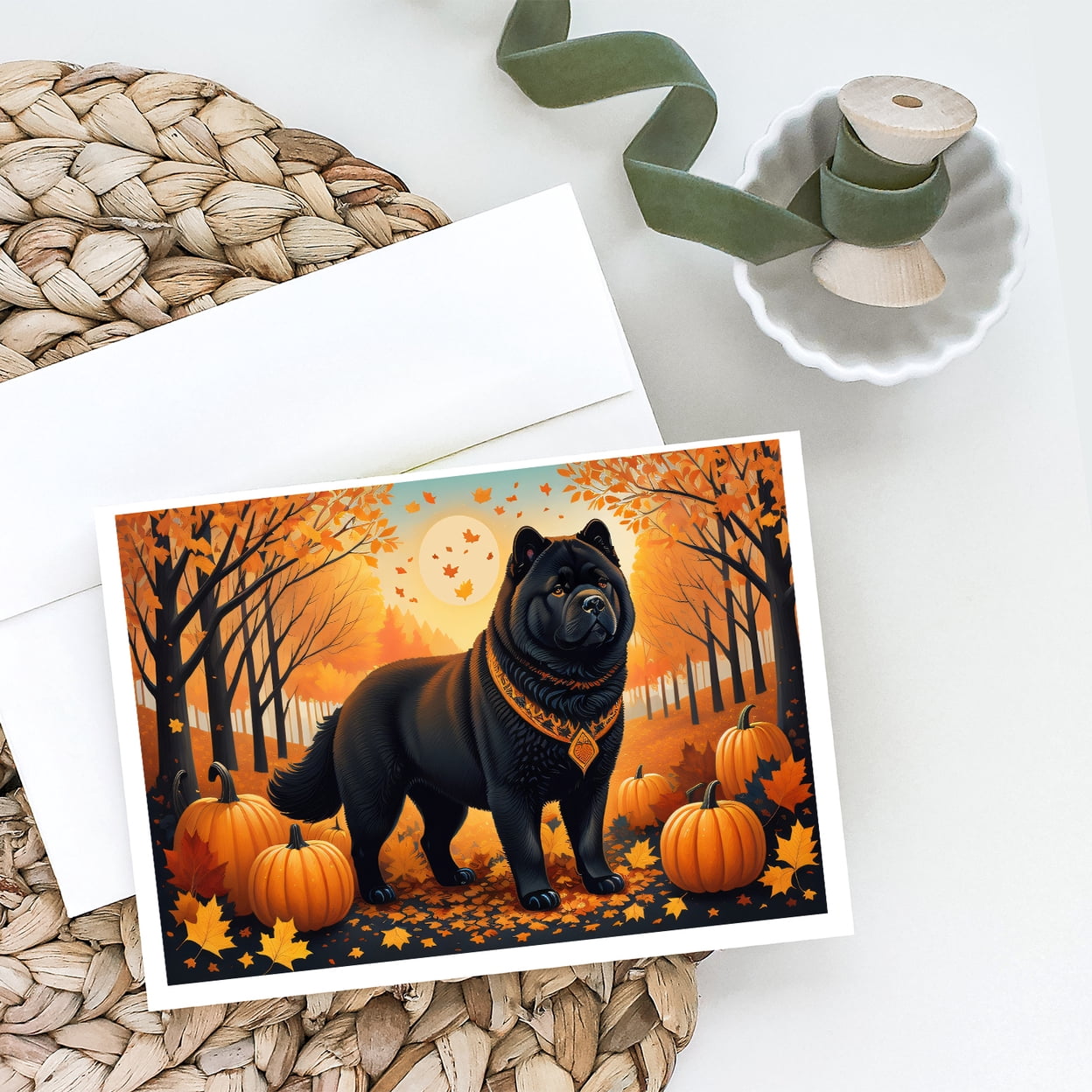 Black Chow Chow Fall Greeting Cards and Envelopes Pack of 8 7 in x 5 in