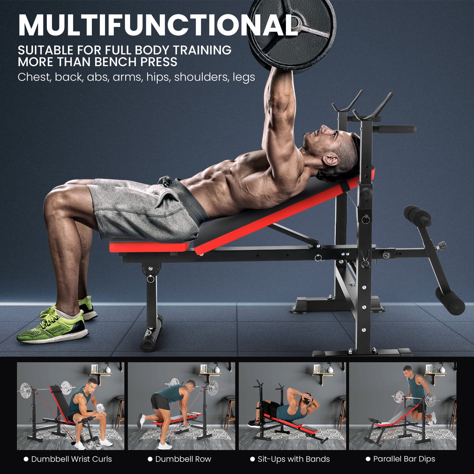 VIBESPARK Foldable Workout Bench, Adjustable Weight Bench Set with Barbell Rack Removable Foot Catch for Incline Flat Decline Sit up Bench Press Set for Full Body Exercise