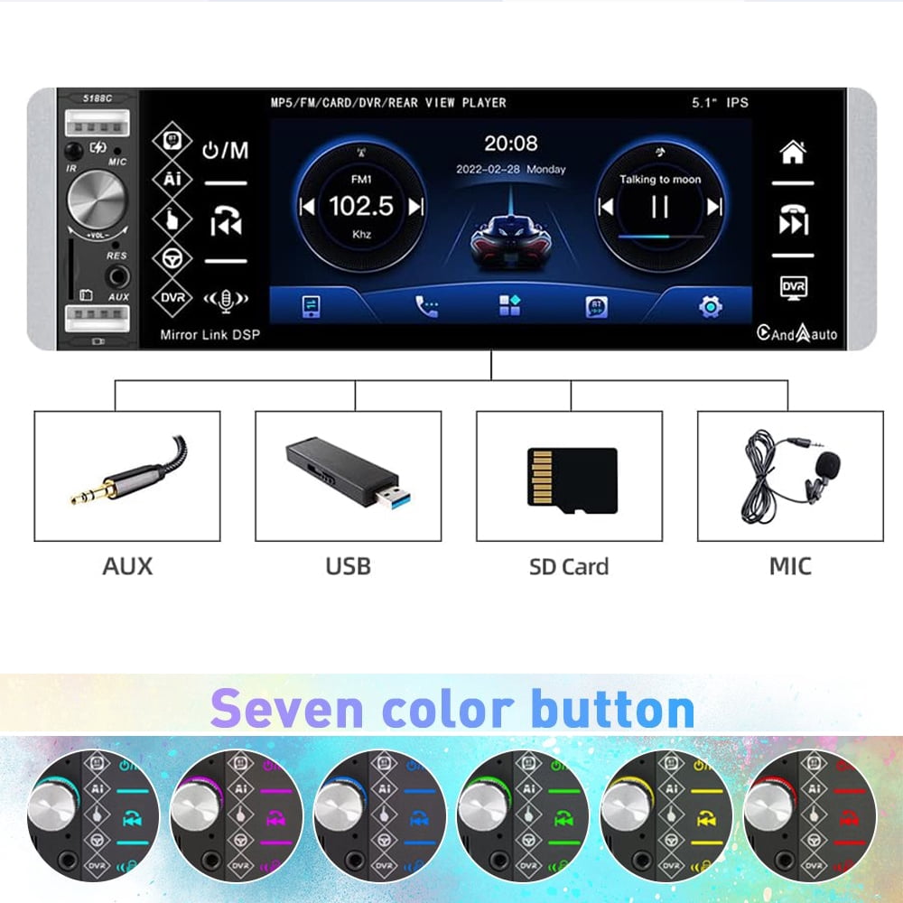 Podofo Single Din 5.1'' Car Stereo Radio Apple Carplay Android Auto Touch Screen Car Multimedia MP5 Player Bluetooth Mirror Link FM USB Charging, with Backup Camera