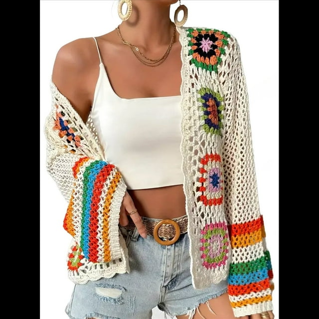 Cárdigan de Crochet Floral para Mujer, con Abertura Frontal, Larga, Color Albaricoque, Talla S