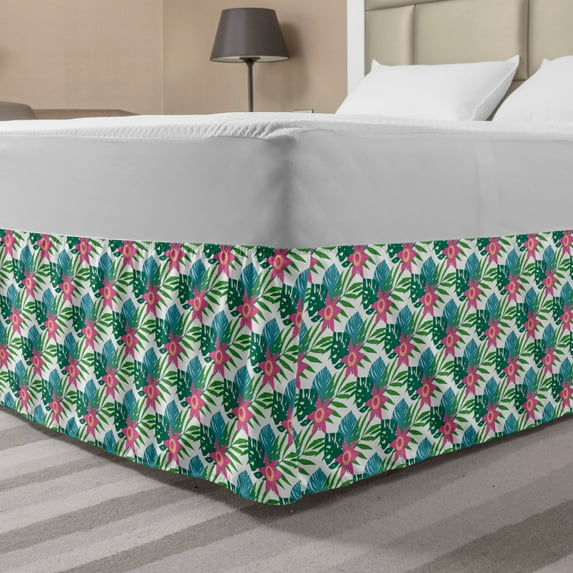Philodendron Bed Skirt, Abstract Design Tropical Hawaiian Island Foliage, Elastic Bedskirt Dust Ruffle Wrap Around for Bedding Decor, 4 Sizes, Forest Green Pink, by Ambesonne