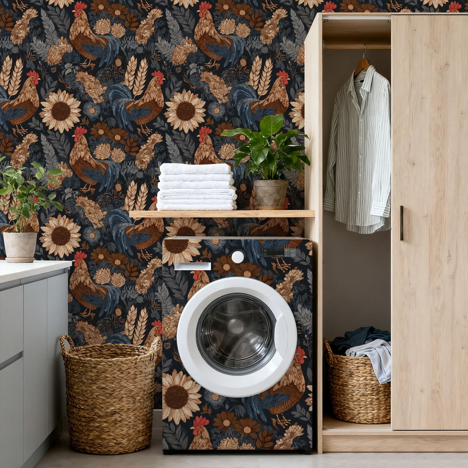Chicken Peel and Stick Wallpaper Rustic Floral Rooster Sunflowers Daisies Wall Mural 17.7in x 9.8ft Self Adhesive Removable Wall Paper Renter Friendly Wallpaper for Nursery Bedroom Cabinets
