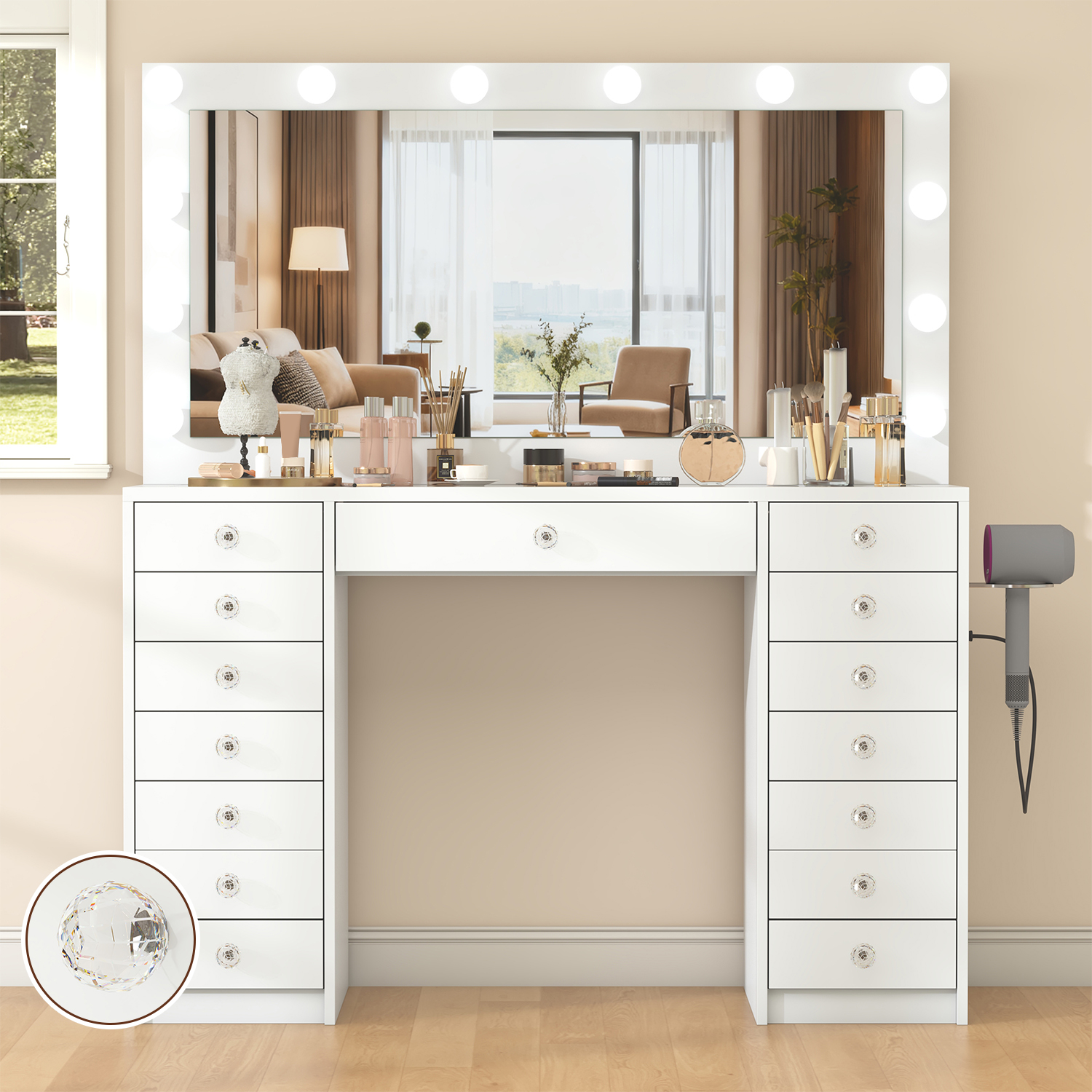 Winkalon Vanity Desk with Mirror and LED Lights, Makeup Vanity with 15 Drawers, Vanity Table with Power Outlet for Bedroom Dressing Room, White