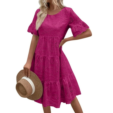 Qwertyu Women s Lace Eyelet Short Sleeve Tiered Midi Dresses Ruffle Hem Babydoll Summer Dresses Hot Pink 2XL