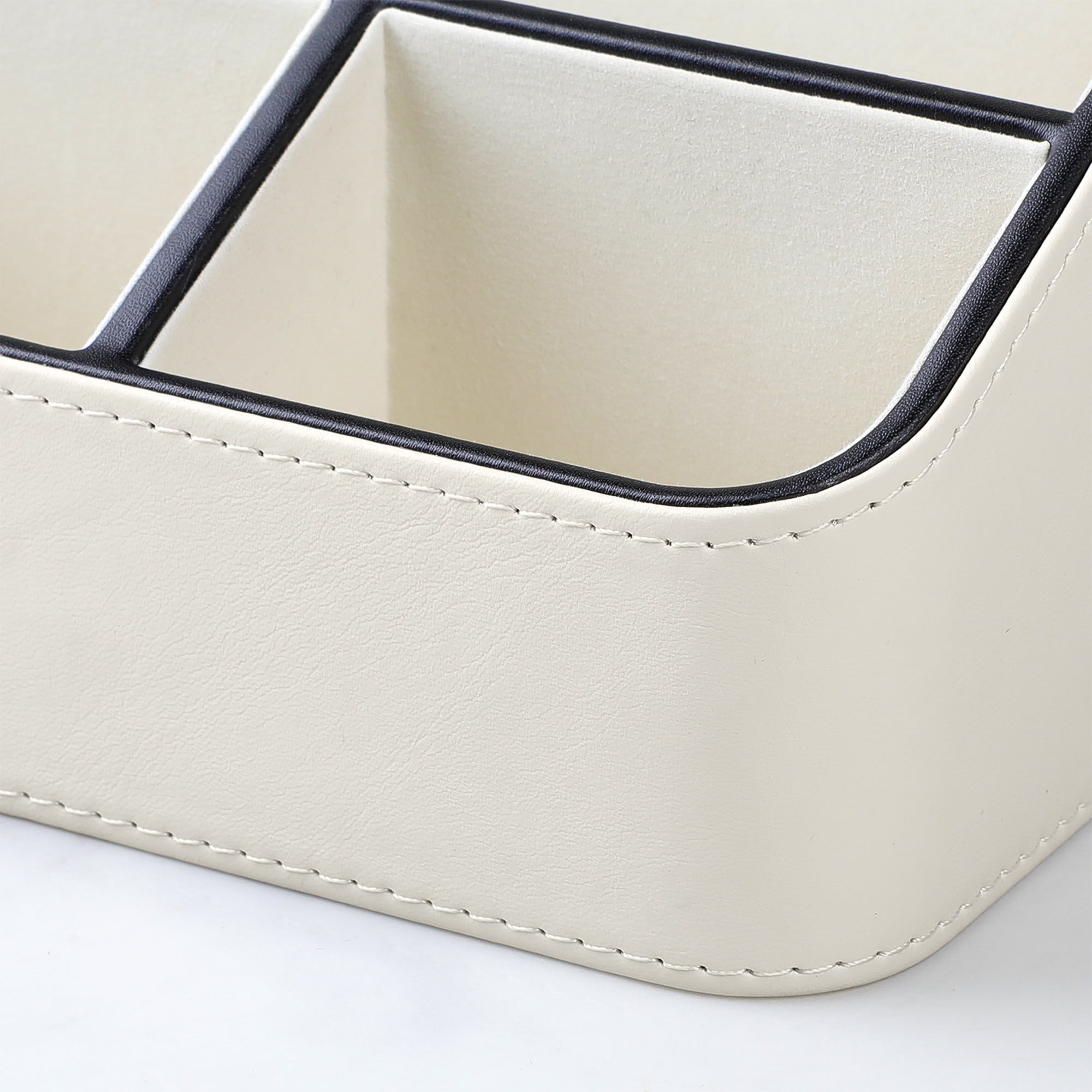 Remote Control Holder, PU Leather Small Desk Organizer Stylish Cute Desktop Organizer for Home Office Desk Accessories, Remote Caddy Bedside Nightstand Organizer for Women Men (Cream)
