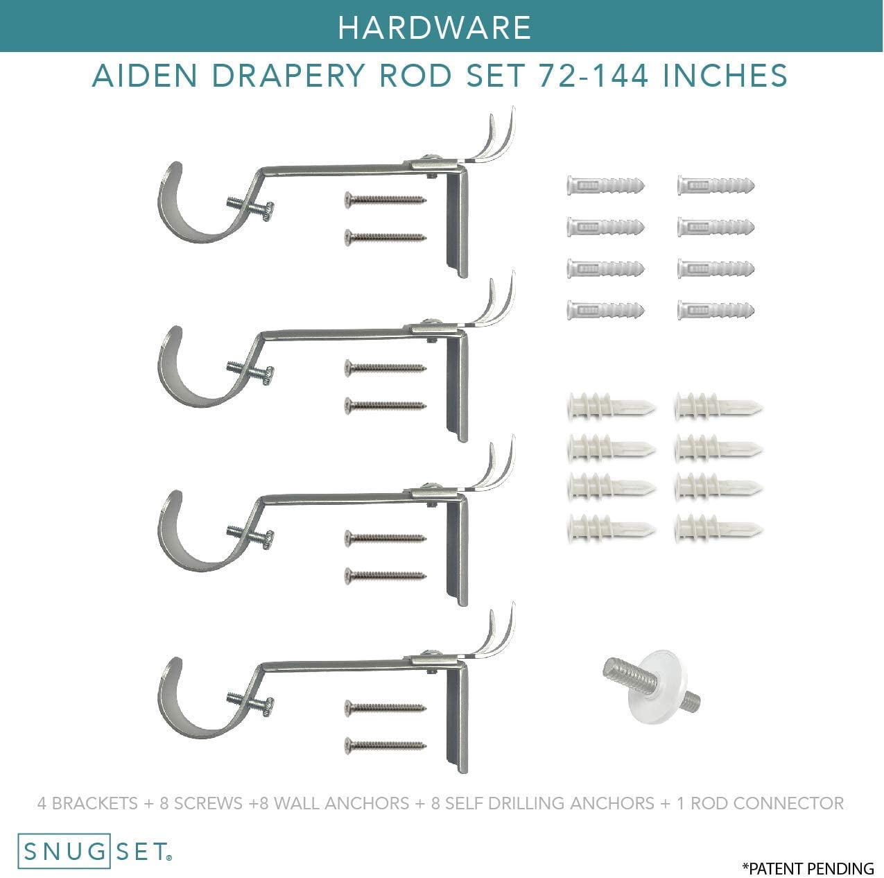 SnugSet 1" Nickel Andrew Square Adjustable Single Curtain Rod, 72"-144"