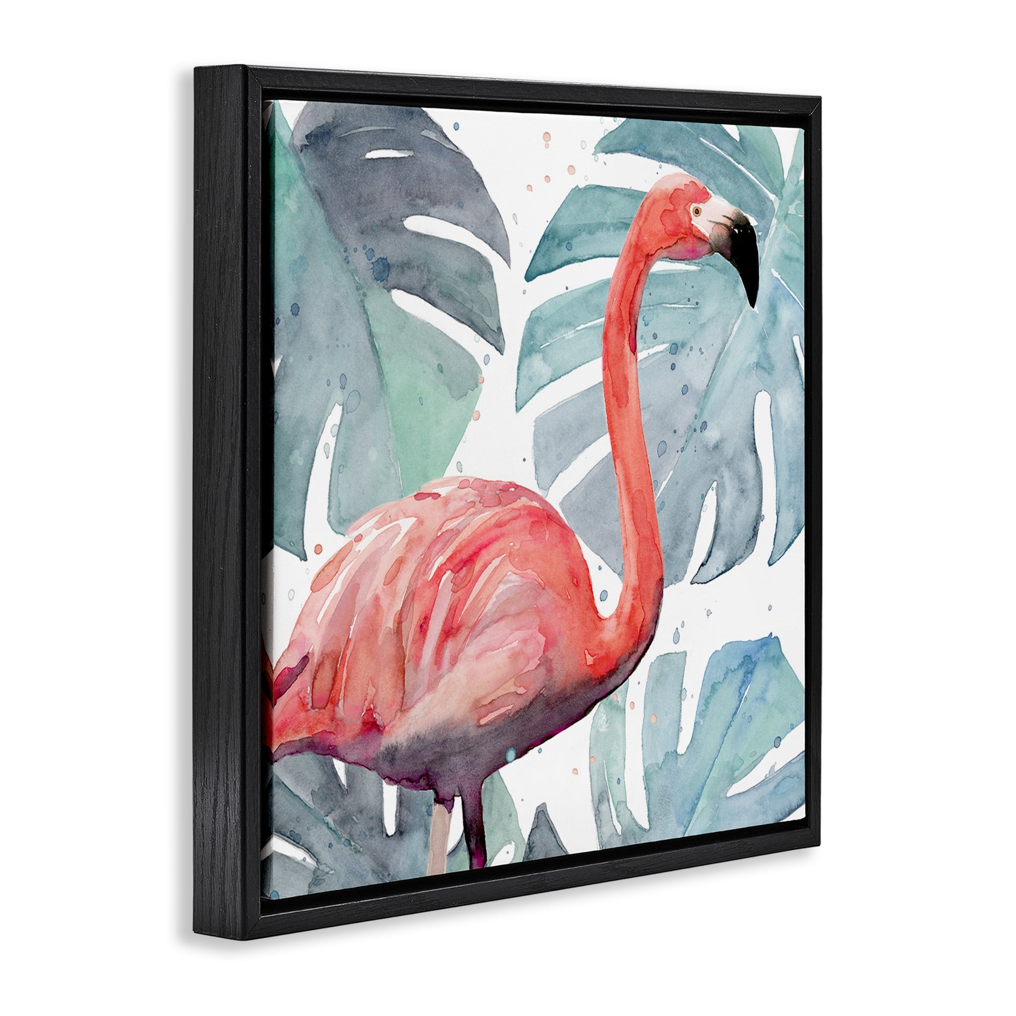 Stupell Industries Flamingo over Tropical Greenery Animals & Insects Painting Black Floater Framed Canvas Art Print Wall Art, 18 x 18