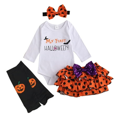 

ZHUASHUM Kids Baby Girls Long Sleeve Letter Cute Cartoon Romper Bodysuit Polka Dot Skirt Leg Warmer With Headbands Outfits Set 4PCS
