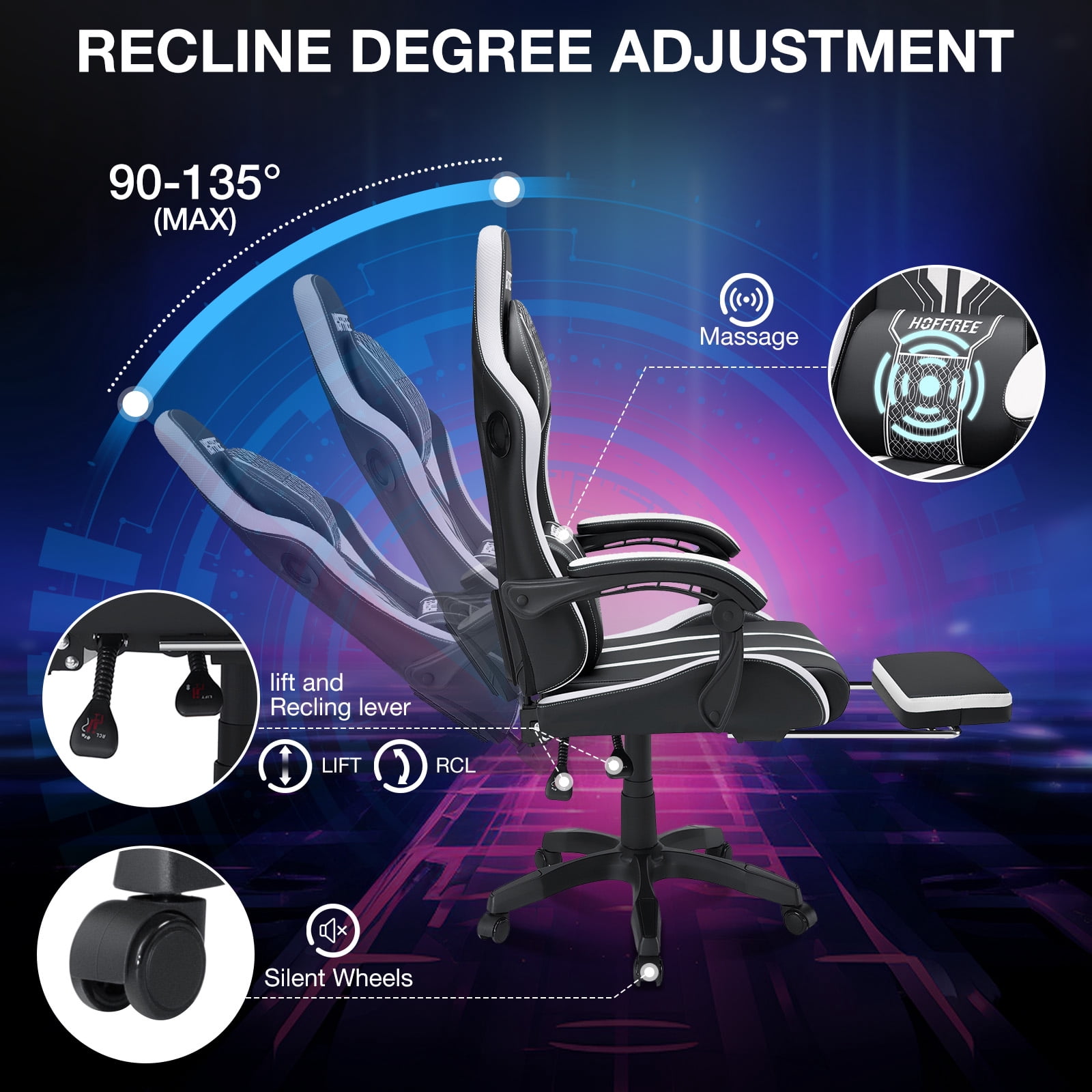 Hoffree Gaming Chair with Speakers Big and Tall Office Chair with Footrest Heavy Duty Gamer Chair with Lumbar Support Height Adjustable 360-Swivel Seat and Headrest for Adults, 400lbs