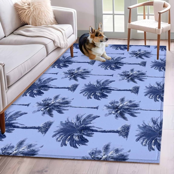 Palm Trees Area Rugs 3'x5', Washable Small Throw Rugs for Living Room Bedroom, Summer Vintage Tropical Trees Botanical Blue Indoor Outdoor Rug Non-Slip Low Pile Carpet Runner Reversible Floor Mats
